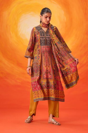 Aarzoo Mustard Printed Chanderi Suit Set with Dupatta
