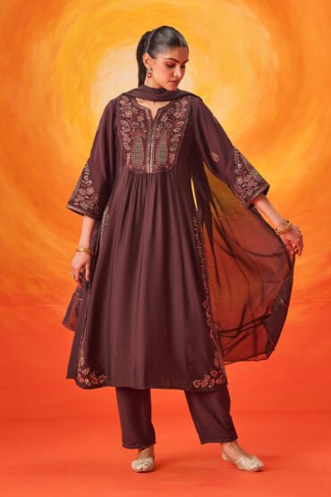 Raunaq Brown Zari-Embroidered Suit Set with Dupatta
