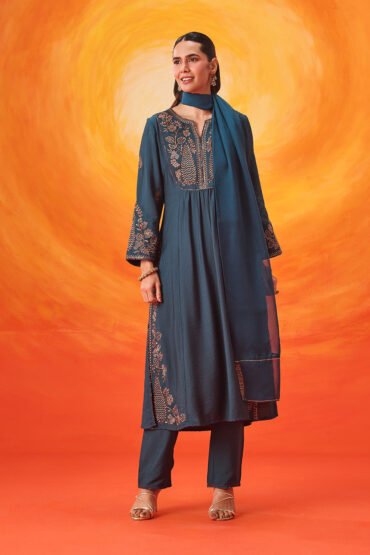 Raunaq Teal Zari-Embroidered Suit Set with Dupatta