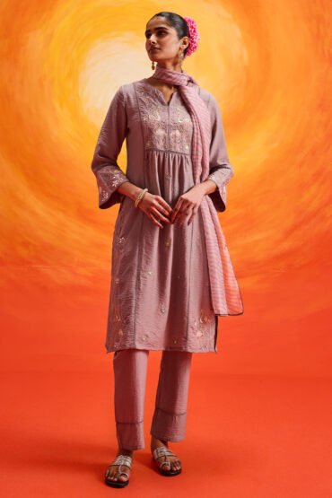 Aaradhya Lavender Embroidered Linen Suit Set with Dupatta