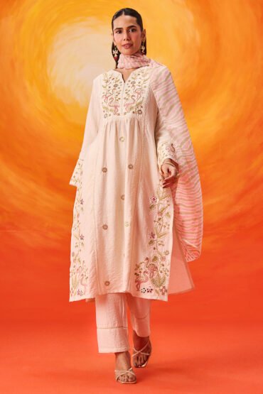 Aaradhya Ivory Embroidered Linen Suit Set with Dupatta