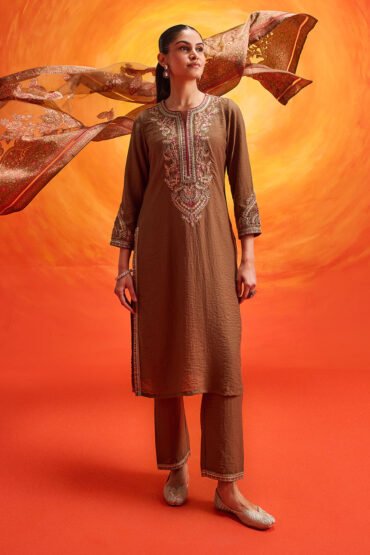 Eshira Brown Zari Embroidered Suit Set with Dupatta