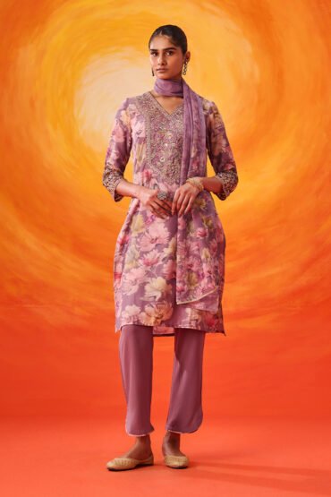 Aanchal Lavender Embroidered Muslin Suit Set with Dupatta