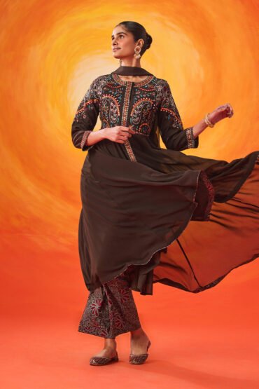 Vaara Nazma Dark Brown Embroidered Georgette Anarkali Suit Set with Dupatta