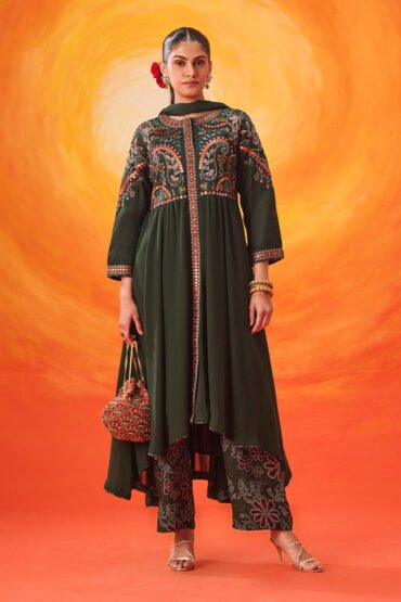 Vaara Nazma Emerald Green Embroidered Georgette Anarkali Suit Set with Dupatta