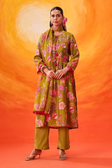 Eshani Green Floral Printed Chanderi Suit Set with Dupatta