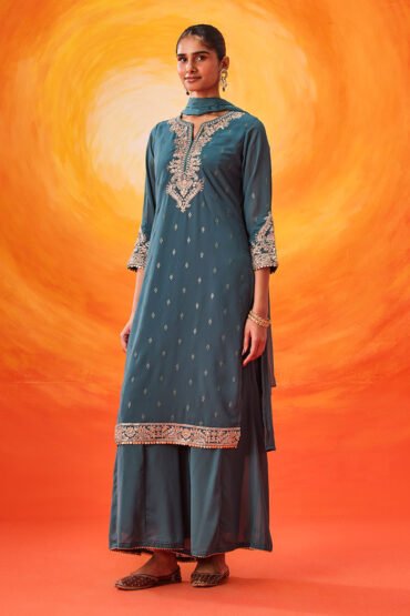 Hrida Teal Embroidered Georgette Suit Set with Dupatta