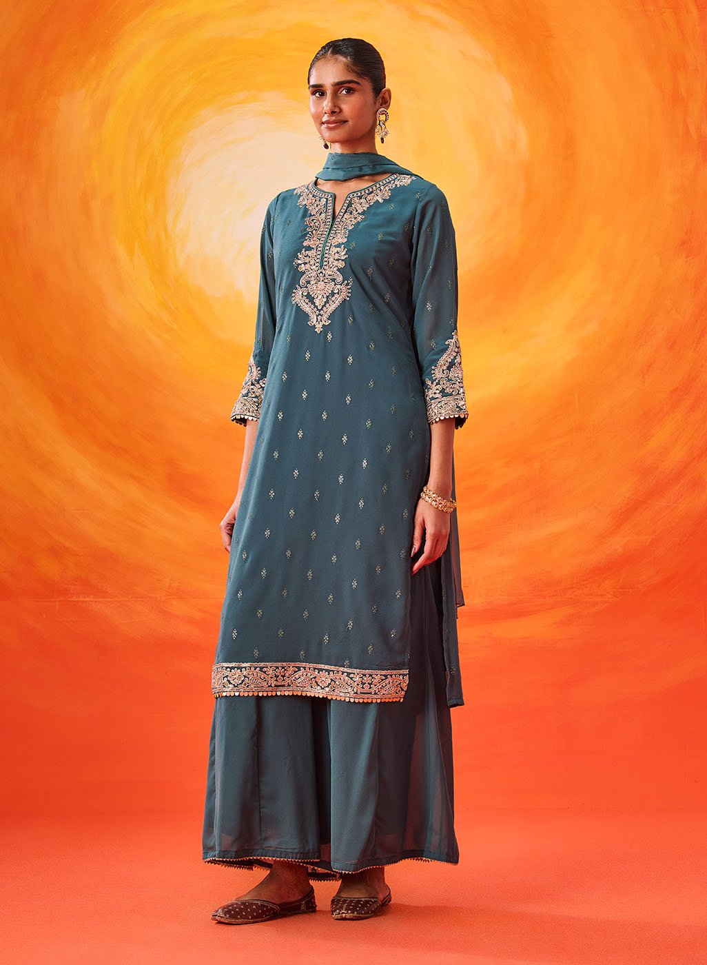 Hrida Teal Embroidered Georgette Suit Set with Dupatta