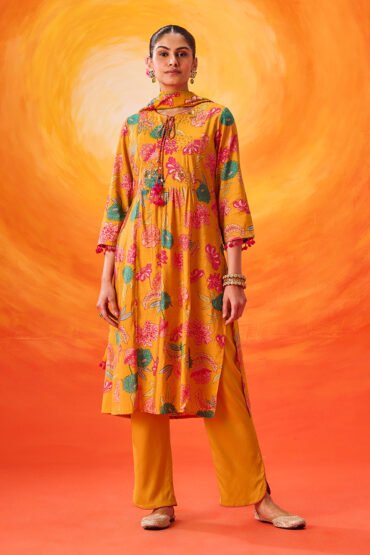 Eshani Mustard Floral Printed Chanderi Suit Set with Dupatta