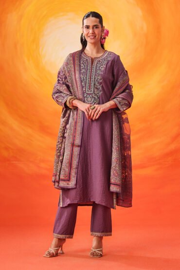Eshira Lavender Zari Embroidered Suit Set with Dupatta