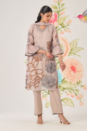 Anvi Grey Floral Printed Organza Suit Set with Dupatta