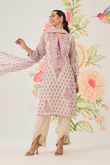 Sosan Cream Printed Organza Suit Set with Dupatta