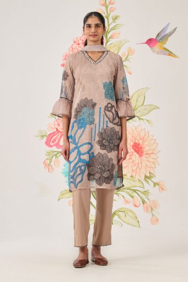 Anvi Beige Floral Printed Organza Suit Set with Dupatta