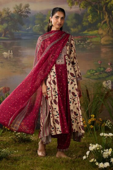 Lavanya Maroon Printed Viscose Panelled A-line Suit Set with Dupatta
