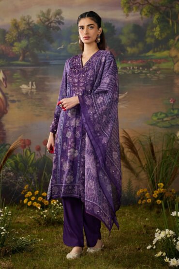 Nargis Purple Floral Printed Viscose Straight Suit Set with Dupatta
