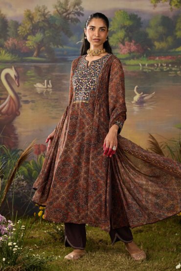 Falak Brown Tribal Printed Georgette Straight Long Suit Set with Dupatta