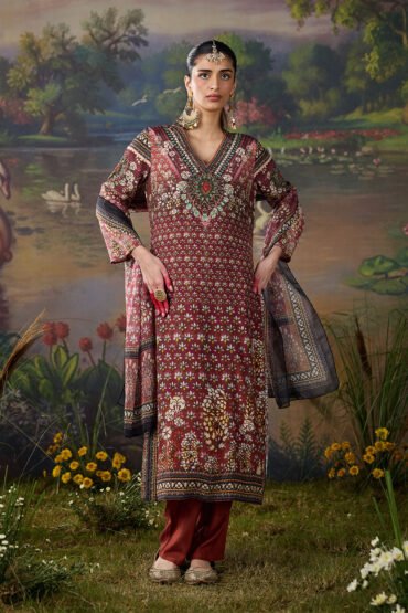 Iraaya Wine Floral Printed Shantoon Long Suit Set with Dupatta
