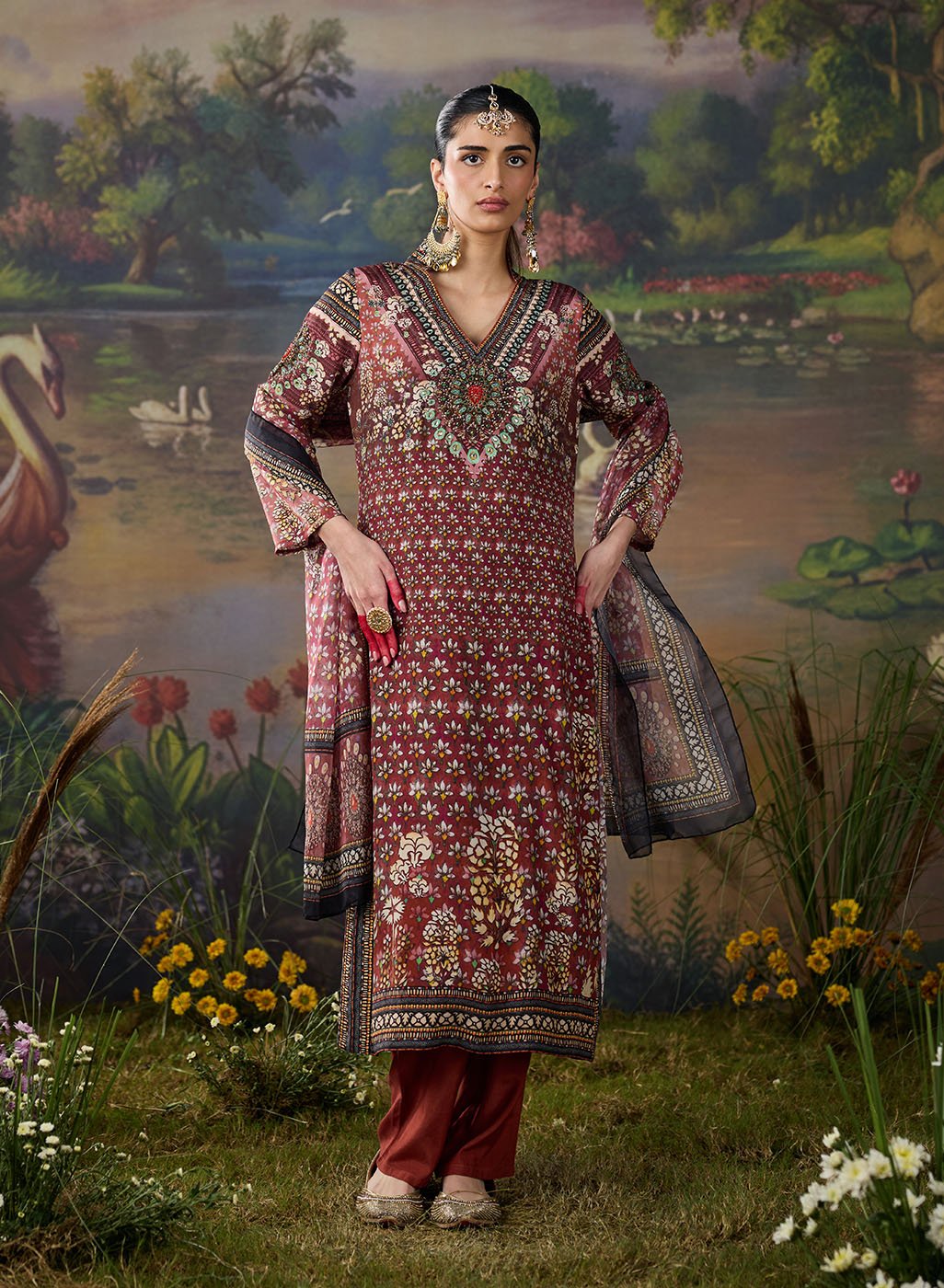 Iraaya Wine Floral Printed Shantoon Long Suit Set with Dupatta