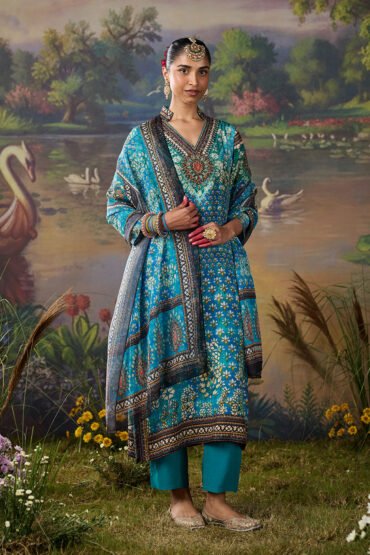 Iraaya Teal Blue Floral Printed Shantoon Long Suit Set with Dupatta