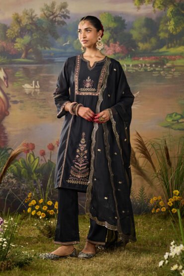 Nisha Classic Black Zari Emroidered Chanderi Straight Suit Set with Dupatta