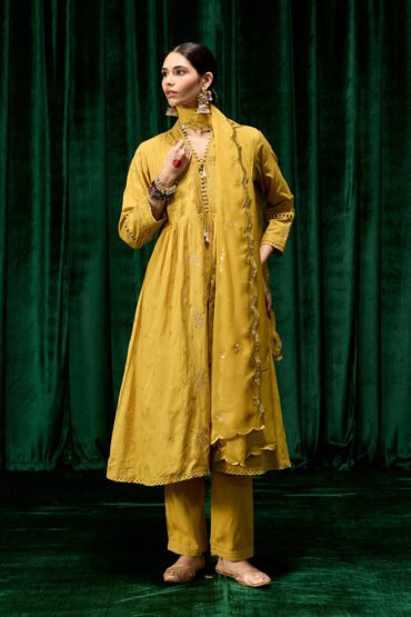 Svara Mustard Self Embroidered A-line Suit Set with Dupatta