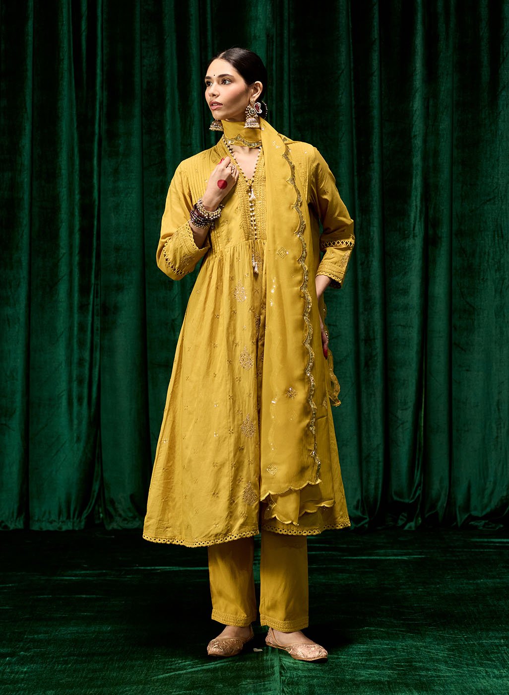 Svara Mustard Self Embroidered A-line Suit Set with Dupatta