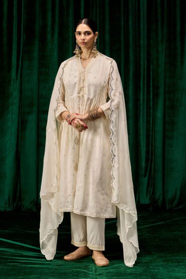 Svara Ivory Self Embroidered A-line Suit Set with Dupatta