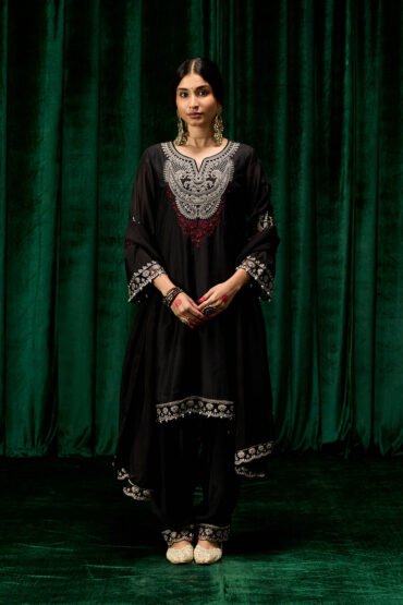 Sawika Black Chanderi Embroidered Suit Set with Dupatta