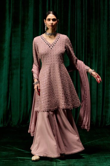 Farsa Pink Mirrorwork A-line Suit Set