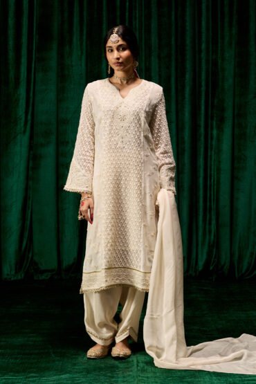 Eshal Ivory Embroidered Straight Suit Set with Dupatta