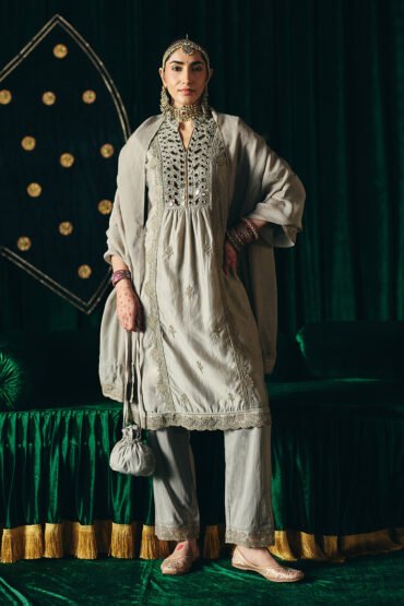Aqsin Grey Mirrorwork Suit Set with Dupatta