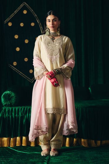 Sawika Cream Chanderi Embroidered Suit Set with Dupatta