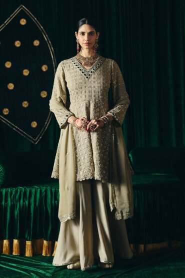 Farsa Beige Mirrorwork A-line Suit Set