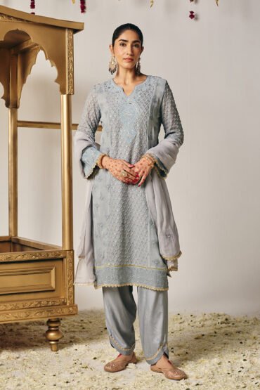 Eshal Spa Grey Embroidered Straight Suit Set with Dupatta