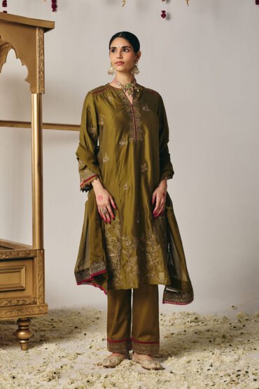 Reya Olive Green Chanderi Embroidered Suit Set with Dupatta
