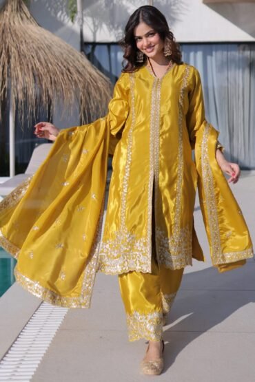 Splendid Mustard Yellow Zari Work Silk Haldi Wear Pant Suit With Dupatta