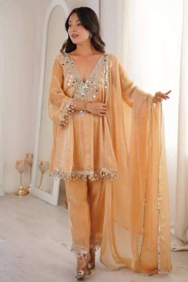 Marvelous Beige Lace Work Silk Wedding Wear Pant Suit With Dupatta