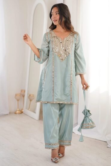 Gorgeous Sky Blue Mirror Work Silk Designer Pant Suit