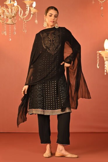 Jasleen Black Georgette Jacquard Embroidered Suit Set with Dupatta