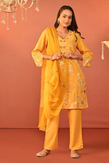 Areeba Chrome Yellow Embroidered Cotton Linen Designer Suit Set with Dupatta