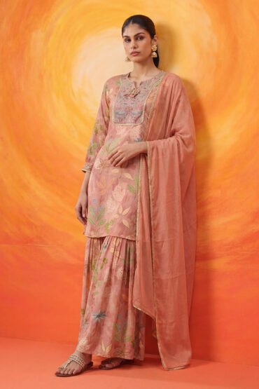 Manjari Peach Printed Garara Suit Set with Dupatta
