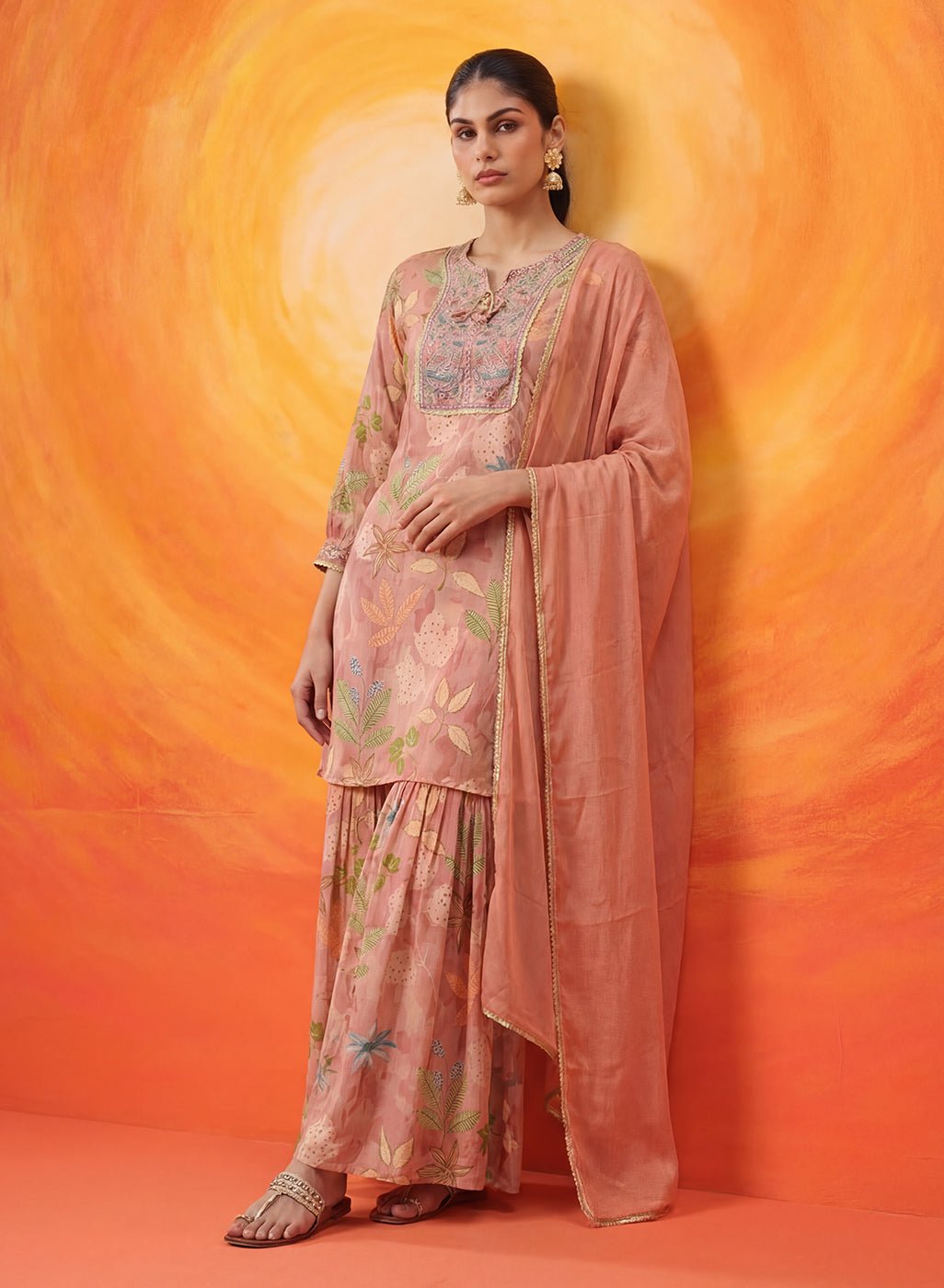 Manjari Peach Printed Garara Suit Set with Dupatta