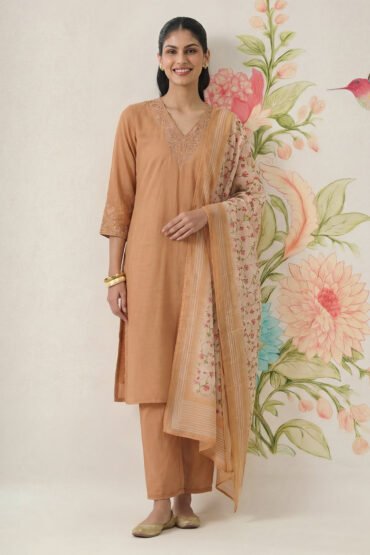 Afsana Mustard Cotton Bend Embroidered A-line Suit Set with Dupatta