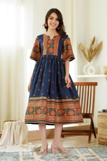 Blue Trapeze Dress with Flared Sleeves