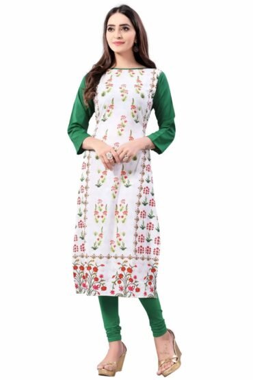 White-Green Digital Floral Printed Crepe Readymade Kurti