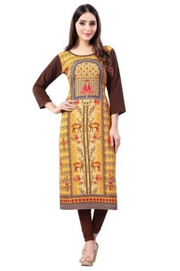 Yellow-Brown Digital Floral Printed Crepe Readymade Kurti