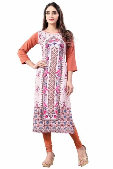 Pink-Peach Digital Floral Printed Crepe Readymade Kurti