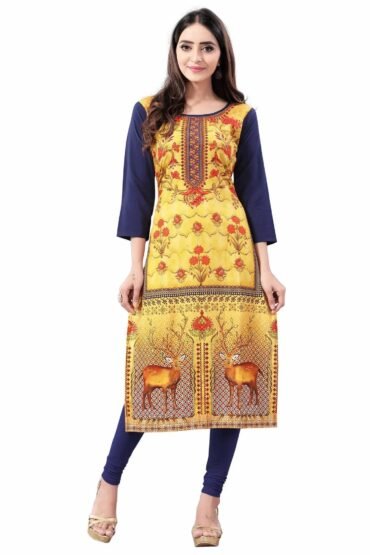 Yellow-Navy Blue Digital Floral Printed Crepe Readymade Kurti