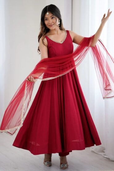 Artistic Red Chanderi Silk Mirror Lace Work Anarkali Suit With Dupatta