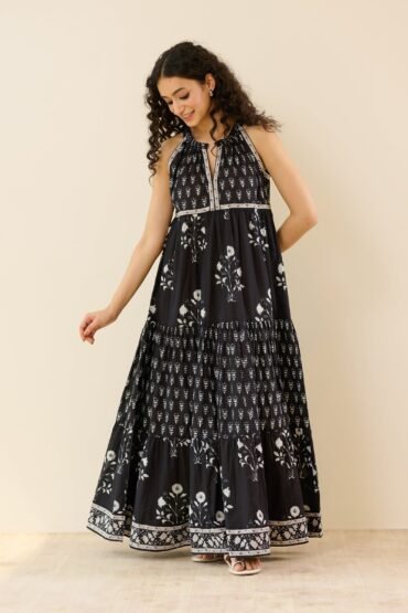 Sanganeri Cotton Tiered Dress - Black